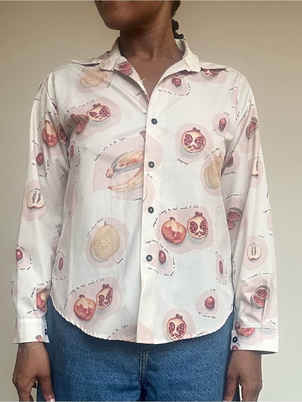 Vintage White Button-Up Blouse with Pink Fruit Print